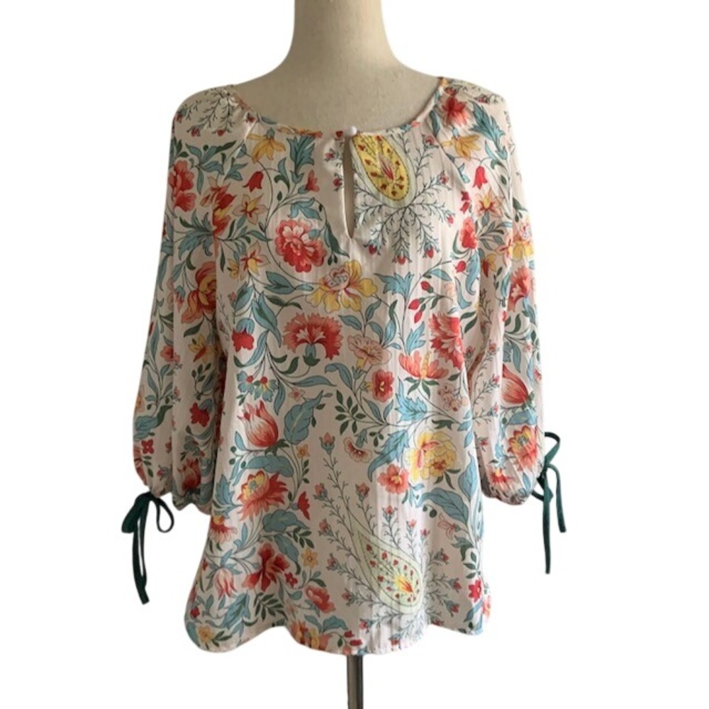 Floral Bow Sleeve Blouse L XL Flowy Button Neck Peasant Romantic Coquette